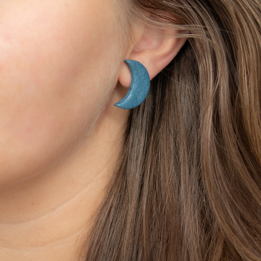 Handmade Steel Blue Moon Stud Earrings – Polymer Clay with Glitter Studs