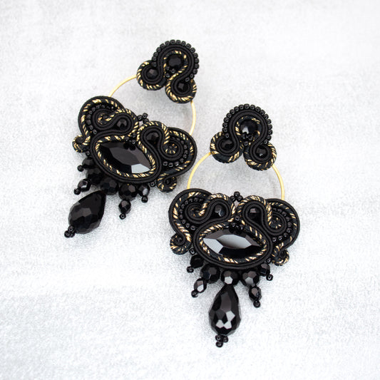 Black and gold soutache earrings. Luxury and original earrings.