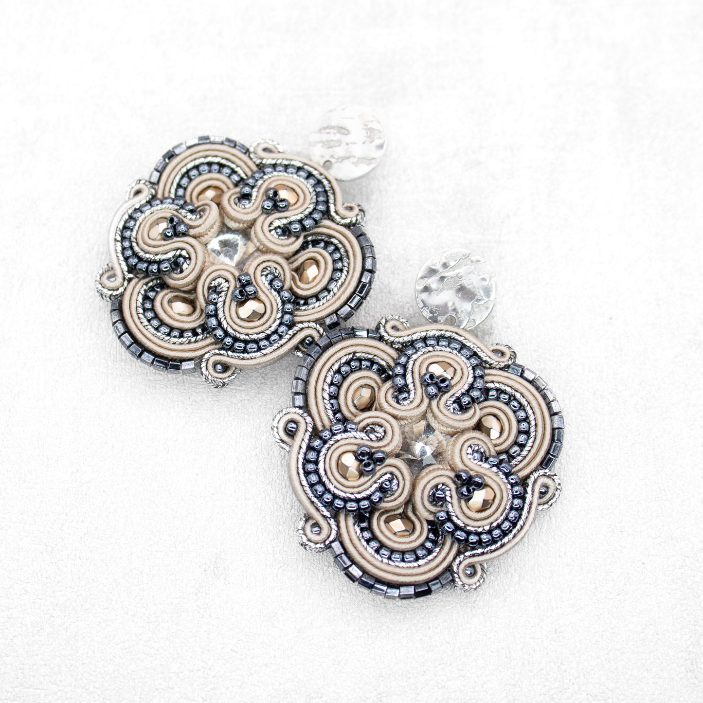 Handmade Sand and Dark Grey Soutache Earrings – Oriental and Original Jewellery