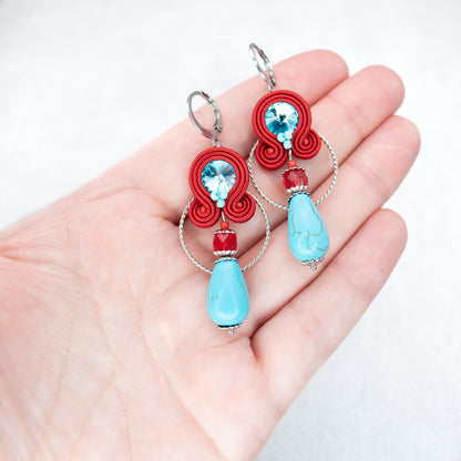 Red and turquoise handmade earrings. Statement soutache earrings with turquoise howlite.