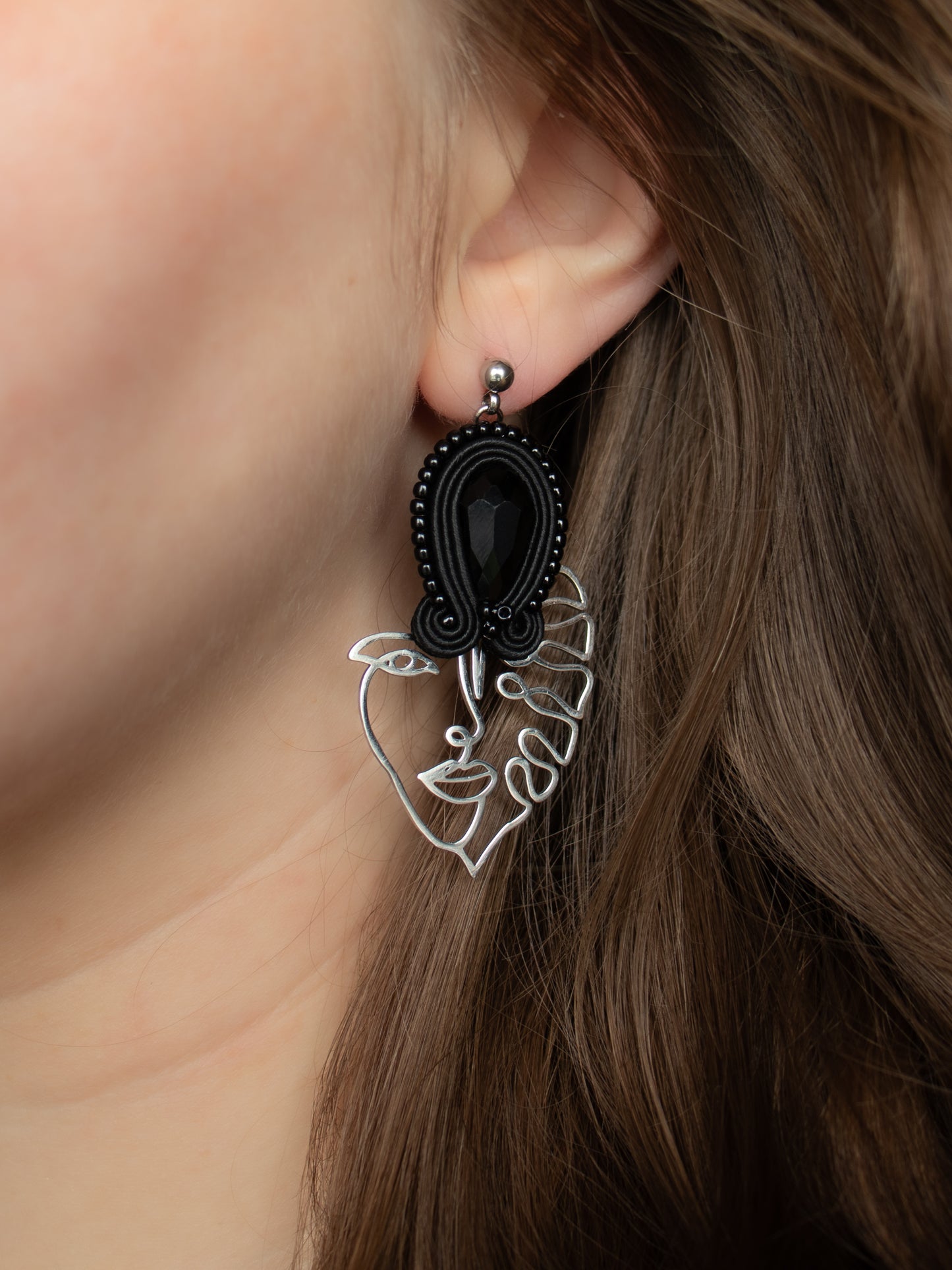 Handmade Black Soutache Earrings with Face Charms – Lightweight Earrings