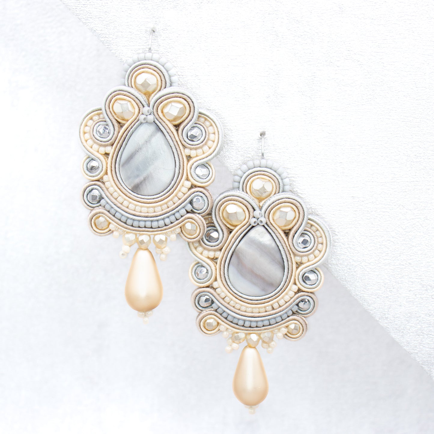 Sand, light grey and cream soutache earrings. Oriental and lightweight handmade earrings