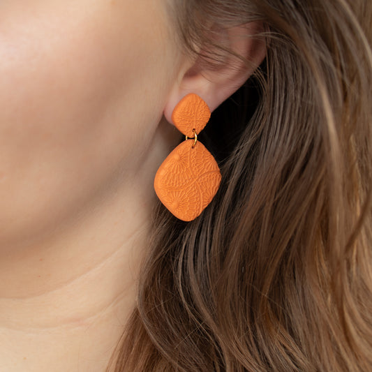 Handmade Orange Rhombus Earrings – Textured Polymer Clay Jewellery
