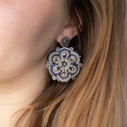 Sand and dark grey soutache earrings. Oriental and original handmade earrings.