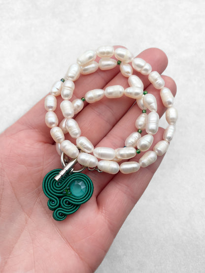Unique Handmade Necklace with Pearls and Emerald Green Soutache Pendant