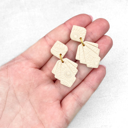 Handmade Textured Cream Earrings – Geometric Polymer Clay Jewellery