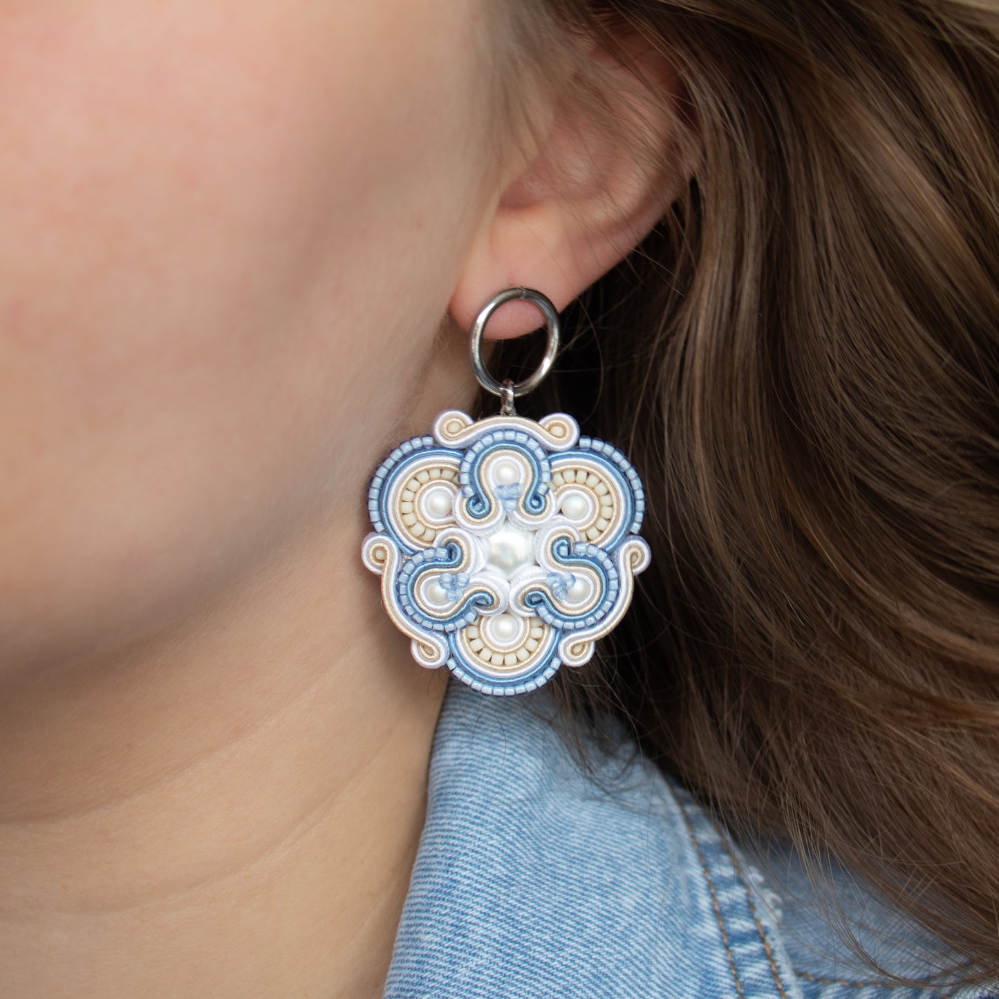 Handmade Light Blue, White, and Cream Soutache Earrings – Sophisticated Jewellery