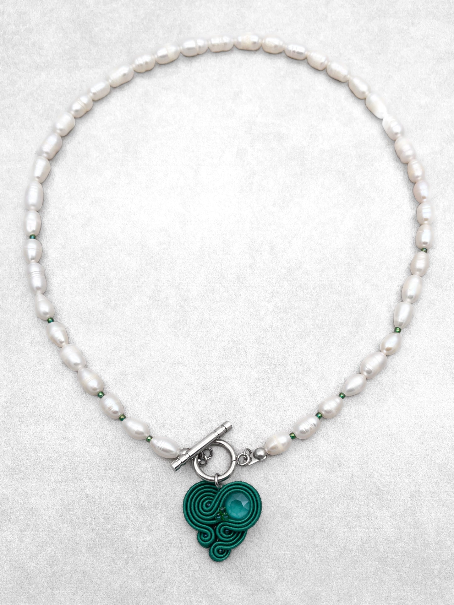 Unique Handmade Necklace with Pearls and Emerald Green Soutache Pendant