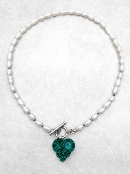 Unique Handmade Necklace with Pearls and Emerald Green Soutache Pendant