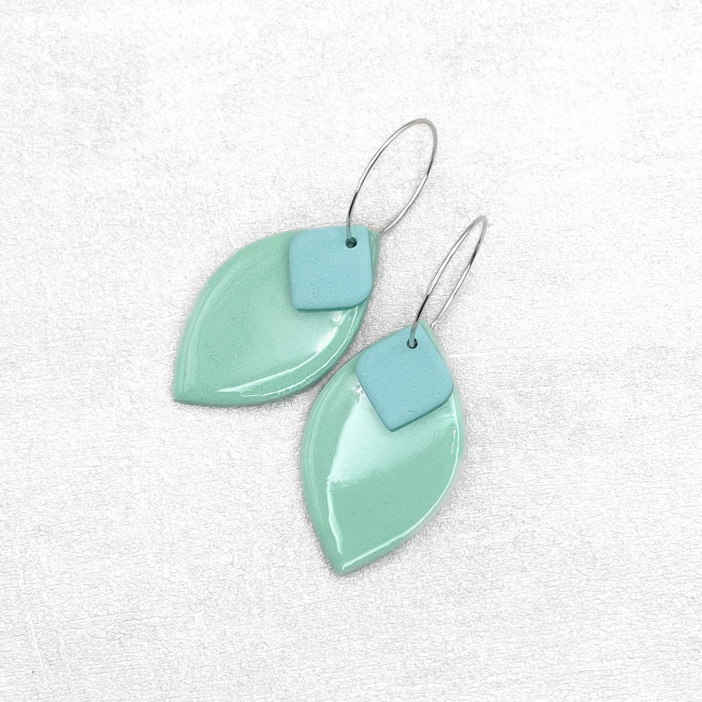 Handmade Mint Oval and Light Blue Rhombus Earrings –  Geometric Polymer Clay Jewellery