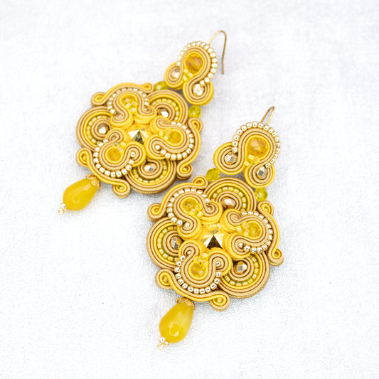 Yellow, beige and gold soutache earrings. Original and exclusive handmade earrings.