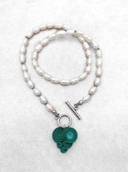 Unique Handmade Necklace with Pearls and Emerald Green Soutache Pendant