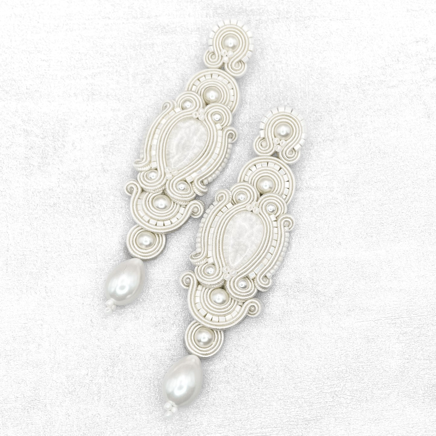 Handmade Bridal Ivory Earrings – Lightweight and Long Soutache Jewellery