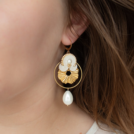 Handmade Ivory Soutache Bridal Earrings with Gold Charms – Unique and Beautiful Jewellery
