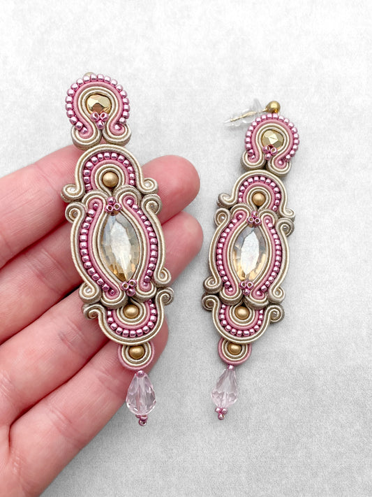 Unique Soutache Earrings in Mauve, Sand & Gold – Handcrafted Elegance