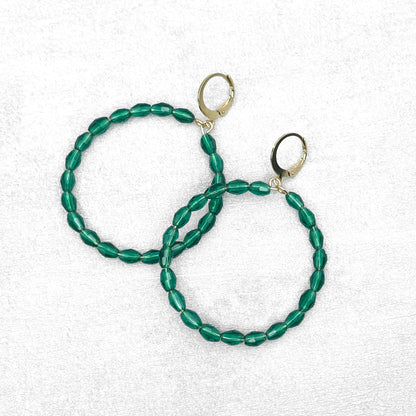 Handmade Emerald Hoop Earrings with Glass Beads
