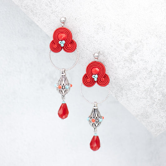Red soutache earrings. Original and oriental earrings.