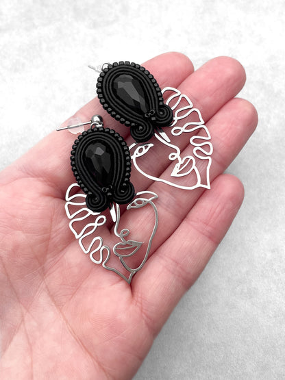 Handmade Black Soutache Earrings with Face Charms – Lightweight Earrings