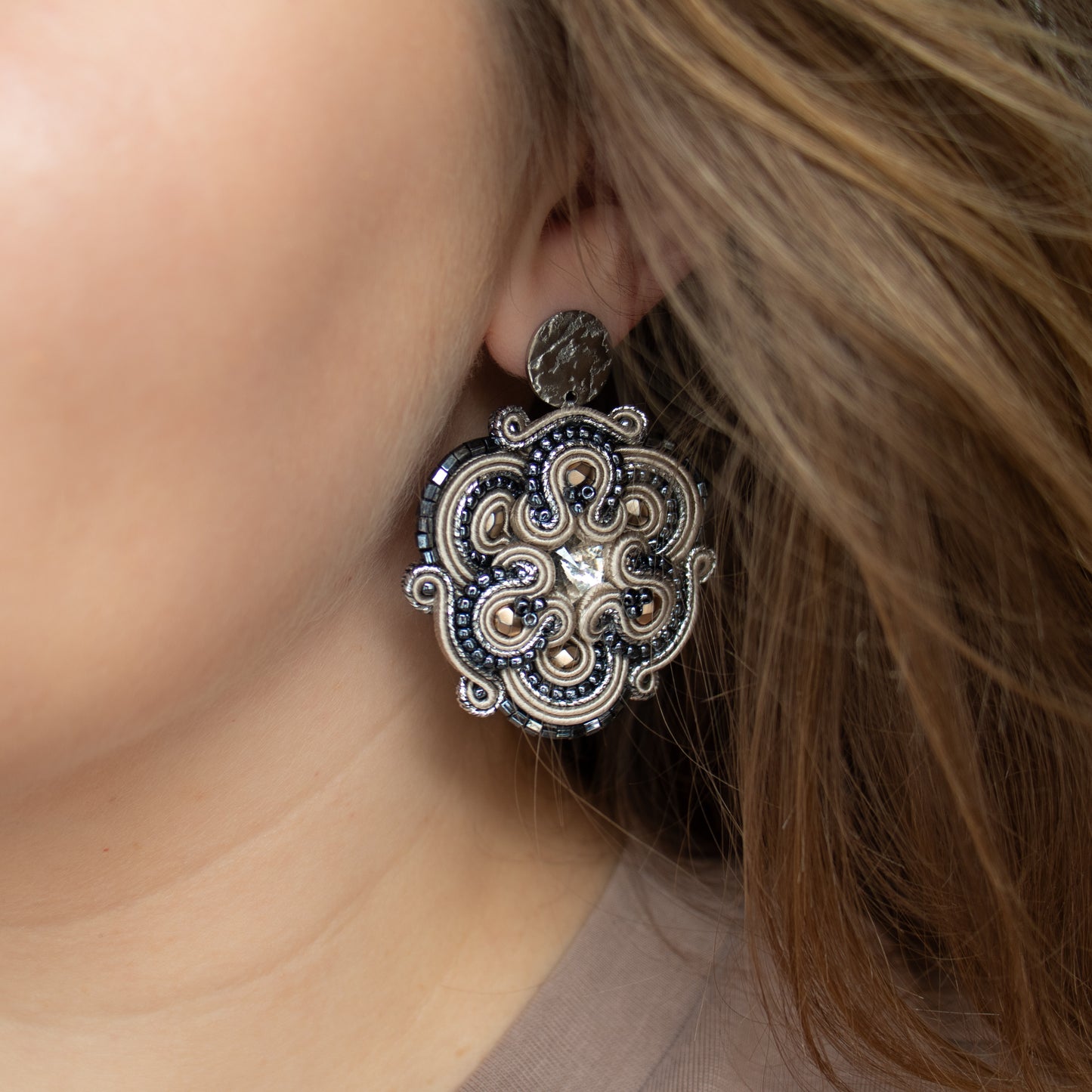 Handmade Sand and Dark Grey Soutache Earrings – Oriental and Original Jewellery