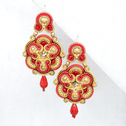 Red and gold soutache earrings. Original and exclusive handmade earrings.