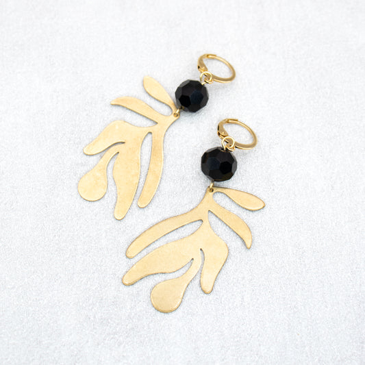 Black beads with gold leaves charms. Handmade earrings.